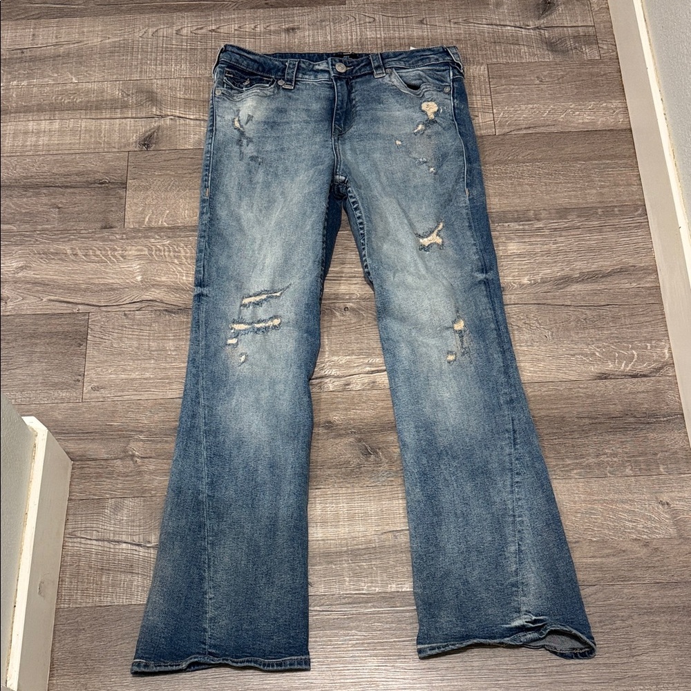 Size 31 True Religion Joey Mid Rise Flare Distressed Jeans in Blue